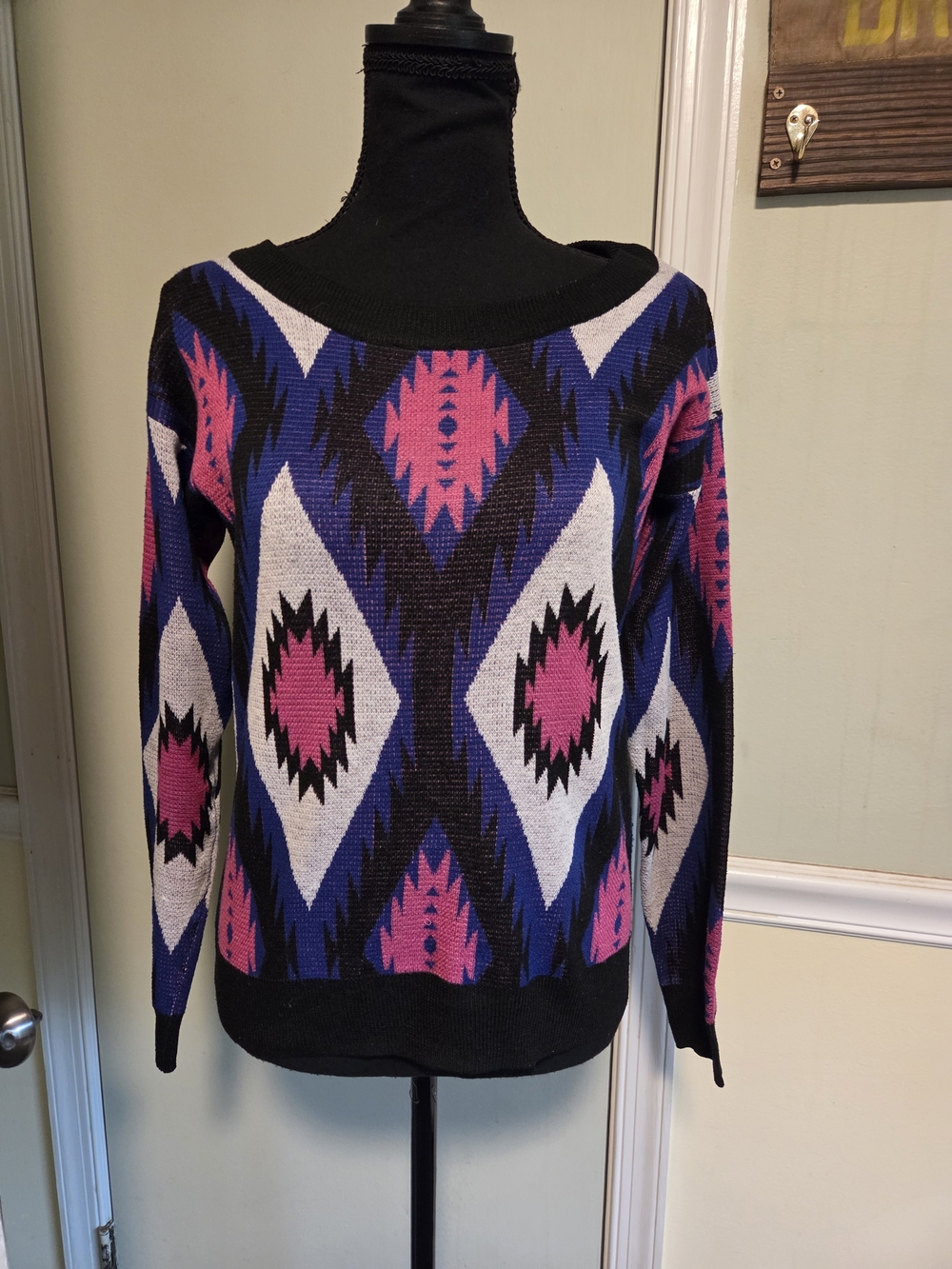 Flying Tomato Black Sweater with Pink and Blue Geometric Print